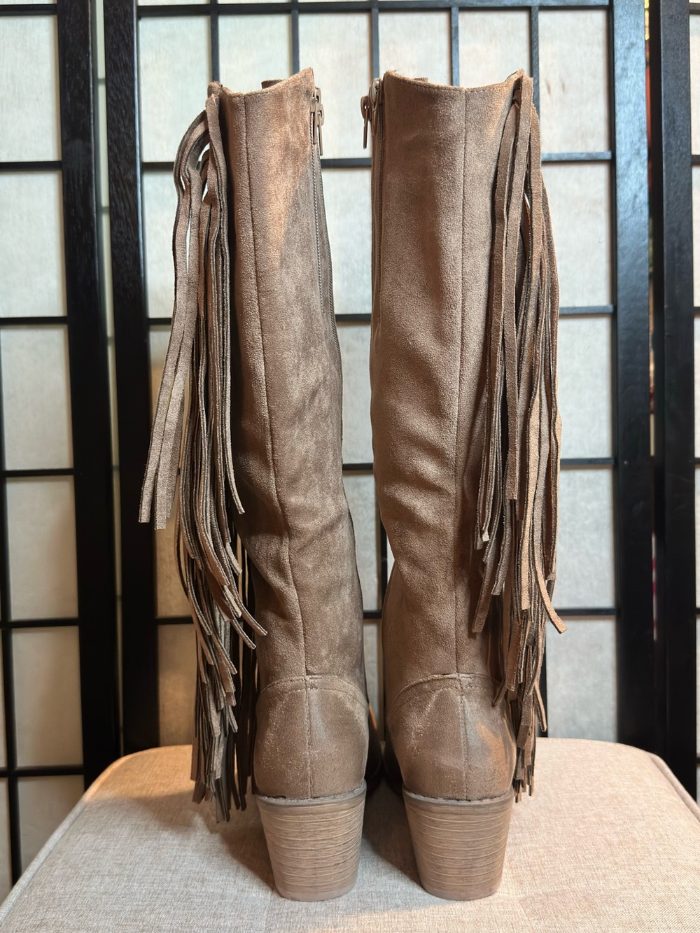 PIERRE DUMAS Suede Fringe Knee-High Cowgirl Boots - Taupe - Picture 5 of 6